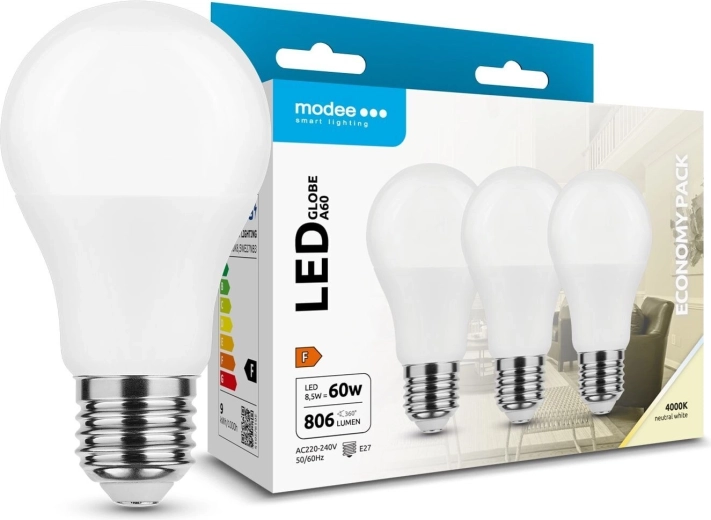 Modee LED žarnica Globe A60 8,5 W E27, 806 lm, nevtralna bela, pakiranje 3 kosi