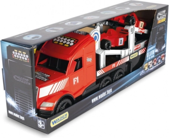 Magic Truck Sport formula 1 svetleči tovornjak s prikolico in 2 voziloma F1