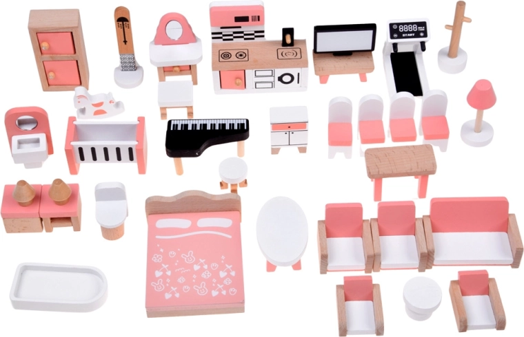 Wooden design and a delicate pink-and-white palette