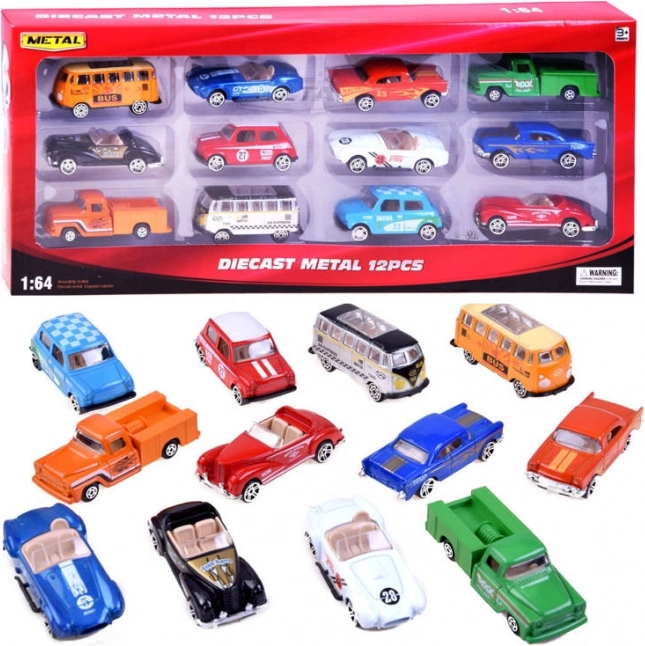 Komplet kovinskih retro avtomobilčkov 1:64 (12 kosov)