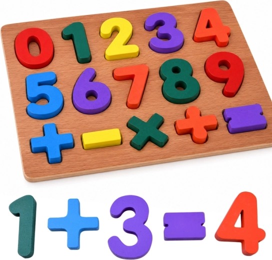 Lesena izobraževalna sestavljanka s številkami in matematičnimi simboli