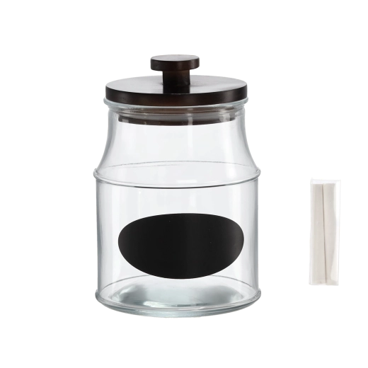 Steklena posoda 2,2 l z lesenim pokrovom, etiketo in kredo