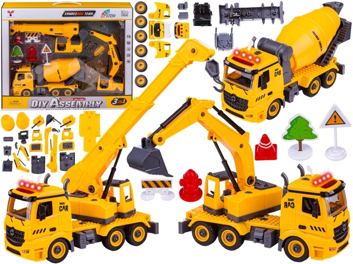 Disassemblable construction truck 3 in 1 – cement mixer, excavator and crane with hook - 1 piece