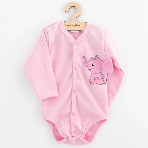 Dojenjsko celoodpiralno bodi z dolgimi rokavi NEW BABY Happy Elephant, rožnato