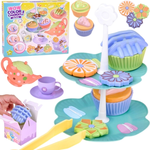 Tea set with magical color change, tiered stand and sweets