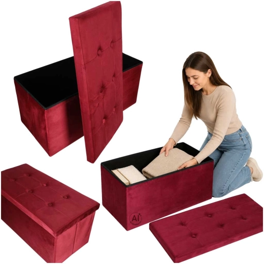 Zložljiva žametna klop/pufa s shranjevalnim prostorom bordo 77 × 38 × 37 cm – 1 kos