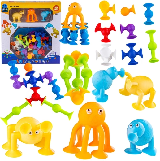 Construction silicone suction cups – colorful building pieces with cheerful faces (39 pcs)