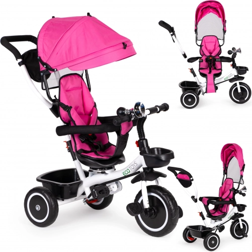 Otroški tricikel z vrtljivim sedežem in streho roza ECO TOYS