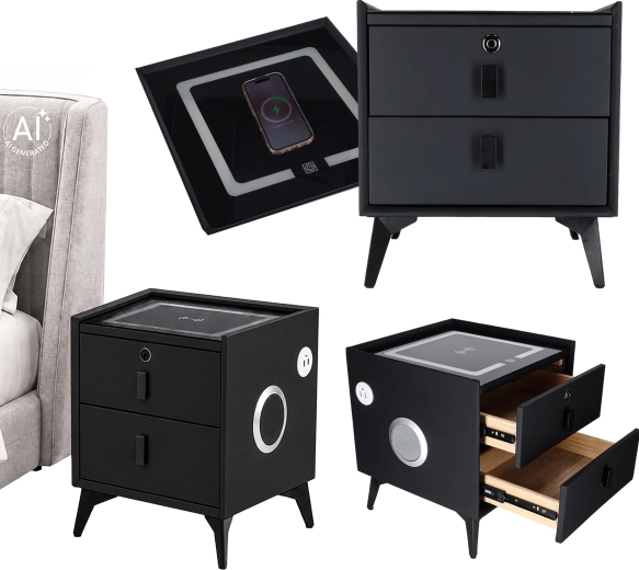 Smart bedside table with fingerprint lock, wireless charging and Bluetooth speakers, black 45 × 40 × 40 cm
