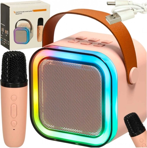 Rožnata karaoke seta z Bluetooth zvočnikom, mikrofonom in LED