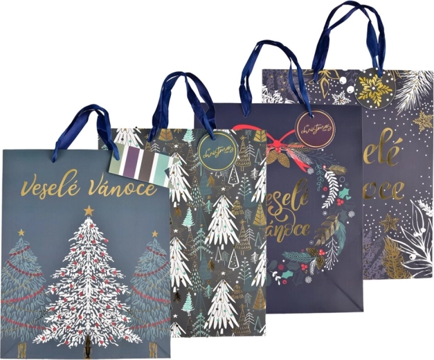 Božična papirnata darilna vrečka z reliefno vrtnico, modra 26 × 10 × 32 cm (mix 4 motivov)