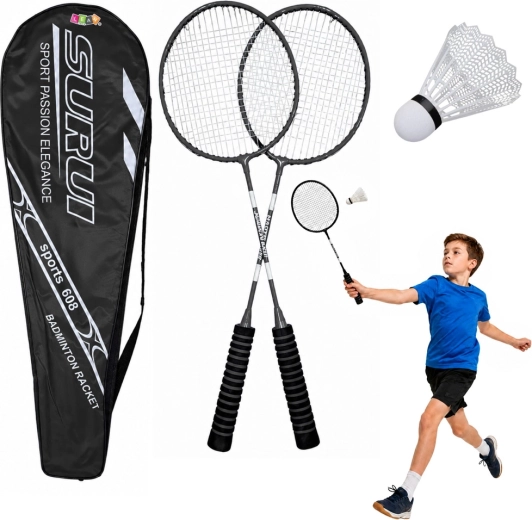 Komplet za badminton z 2 loparjema, žogico in ovitkom, črn