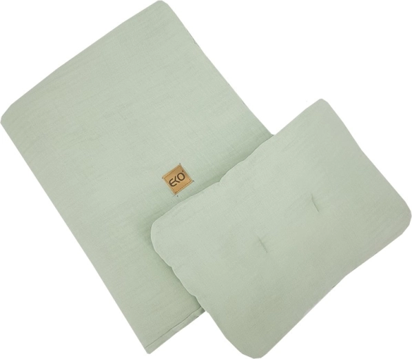 Muslin komplet za otroško posteljico EKO Mint (blazina 30×40 cm, odeja 75×100 cm)