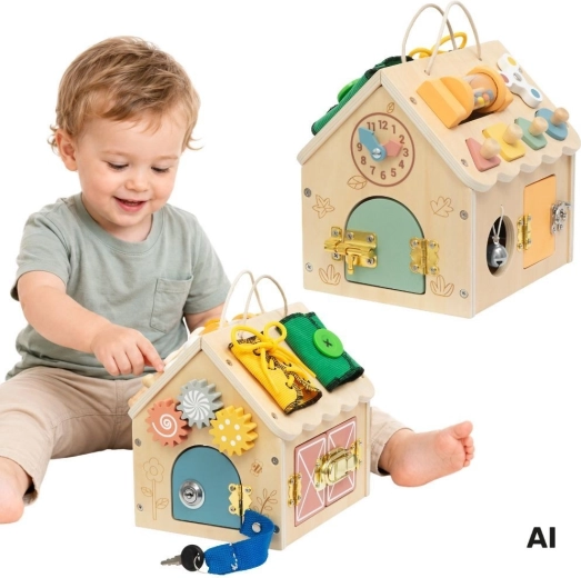 Tooky Toy lesena manipulativna hišica z aktivnostmi in ključavnicami