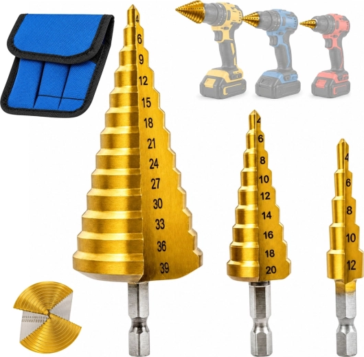 Set of stepped cone drills 4–39 mm - 3 pcs