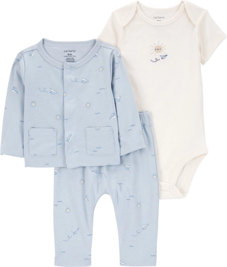 Carter’s otroški komplet 3 kosi – jopica, bodi s kratkimi rokavi in hlačke Blue Airplane (za dečke, vel. 56)