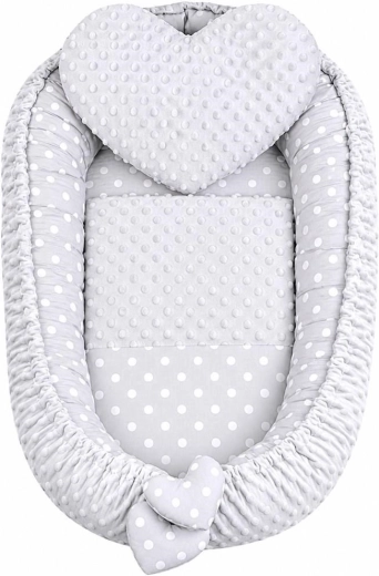 New Baby Luxury Reversible Baby Nest with Pillow and Blanket, Minky Heart, Grey