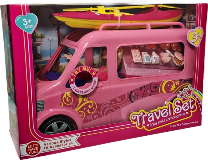 Rožnat kamping voziček za punčko s svetlobo, zvokom in dodatki - 1 kos