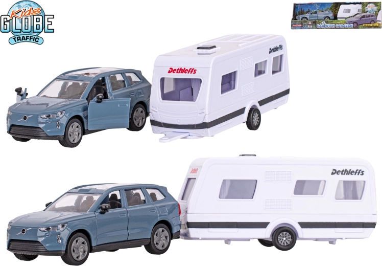 Kids Globe Traffic Volvo EX90 s počitniško prikolico Dethleffs – kovinski model s pull-back pogonom
