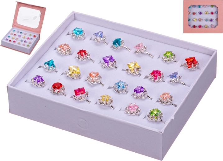 Set otroških kovinskih prstančkov z barvnimi kamenčki, 24 kos