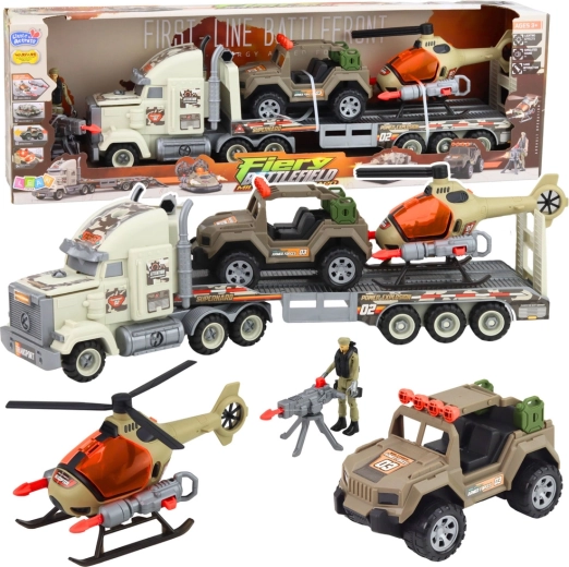 Vojaški transportni komplet s tovornjakom, helikopterjem in terenskim avtom s svetlobnimi in zvočnimi učinki