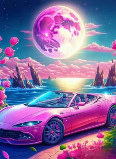 Diamantno slikanje – kabriolet v rožnatem raju 30 × 40 cm
