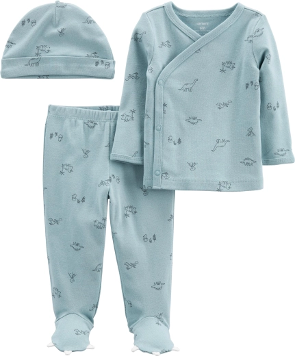 Carter’s 3-delni dojenčkov komplet Blue Dino – zavijalna majica z dolgimi rokavi, hlačke z nogicami in kapica