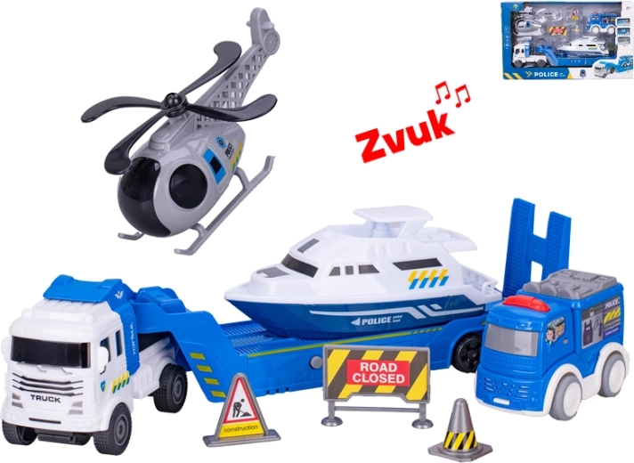 Tovornjak s policijskimi vozili z vztrajnikom in zvočnimi učinki 30 cm