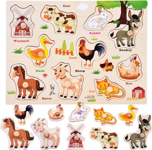 Wooden farm puzzle with knobs and English vocabulary – 10 pieces