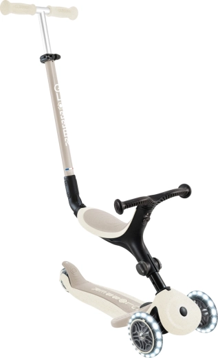 Globber Go Up Active Lights Ecologic 3v1 otroški skiro z odstranljivim sedežem, kokosova barva