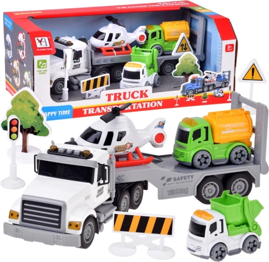Children’s vehicle transport truck with helicopter, dump truck, concrete mixer and traffic accessories