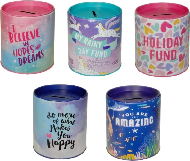 Kovinska hranilnica z napisi za otroke