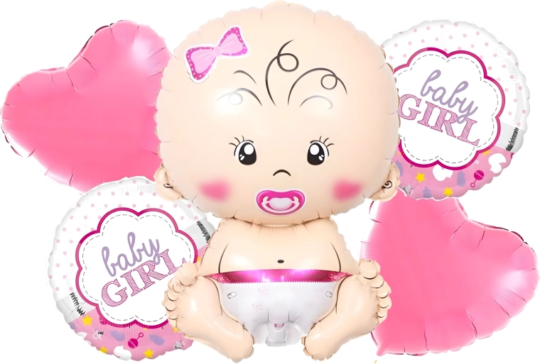 Baloni za baby shower za deklico – komplet 5 kosov z zvezdicami in motivom dojenčka