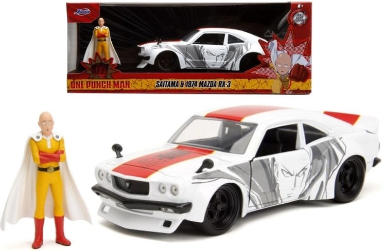 Jada One-Punch Man 1974 Mazda RX-3 1:24 s figurico Saitame