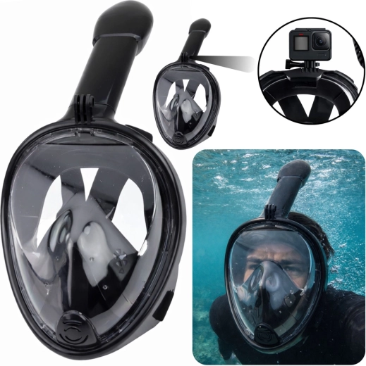 Celoobrazna maska za snorkeling s panoramskim pogledom 180° in sistemom proti megljenju, črna L/XL
