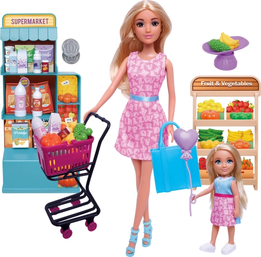 Set punčk z nakupovalnim vozičkom za supermarket