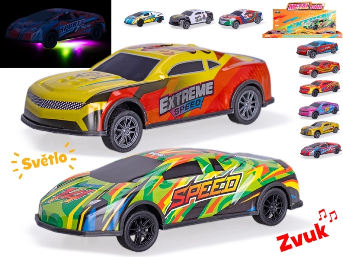 Kovinski dirkalni avtomobilček 12,5 cm s svetlobnimi in zvočnimi učinki, povratna vožnja