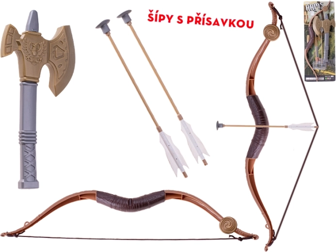 Otroški lok 57 cm z dvema puščicama s priseski in plastično sekiro