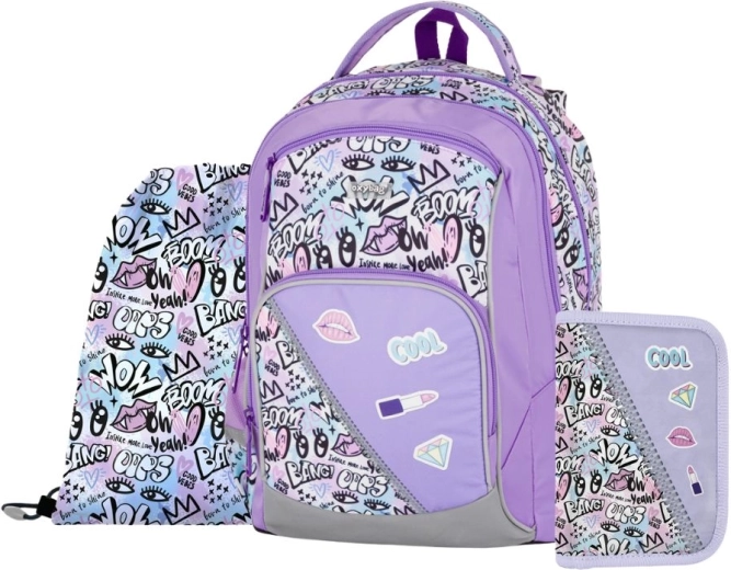 Šolski set 3 kos OXY GO Funny Girl – nahrbtnik, peresnica in vrečka za copate