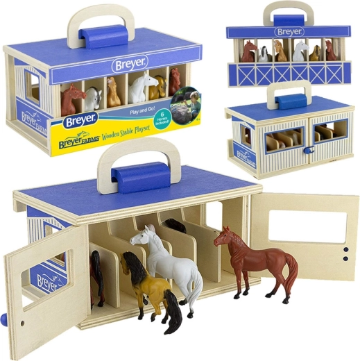 Breyer Stablemates Farms lesena prenosna hlevska staja s 6 konji