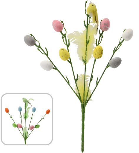 Velikonočna vejica s ptičkom in jajčki na palčki 30 cm