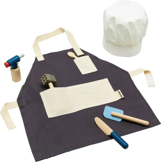 PlanToys kids’ cooking set with apron and chef’s hat