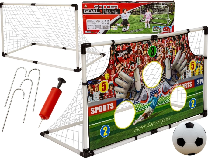 Nogometni gol z mrežo, žogo in tlačilko