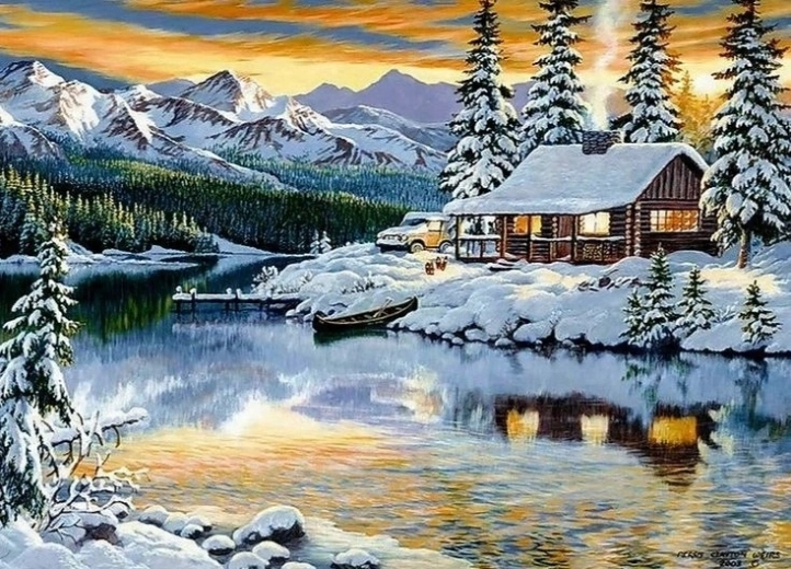 Norimpex Slikanje po številkah Zasnežena koča ob jezeru 40 × 50 cm