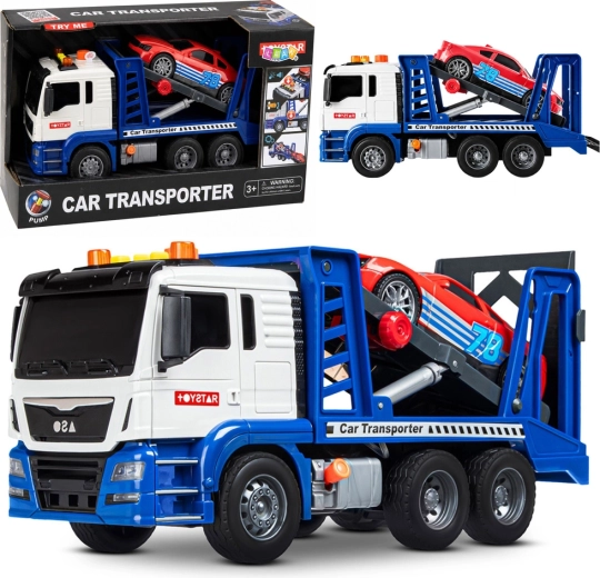 Igračarski avtotransporter (avtovleka) s športnim avtom, luči in zvoki, modro-bel - 1 kos
