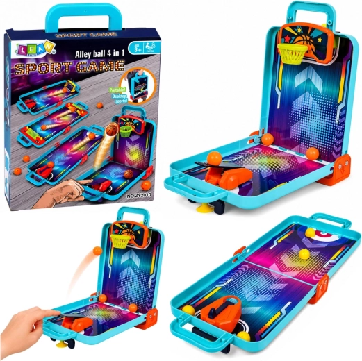 Mini namizna igra 3 v 1: košarka, pinball in keglji v prenosnem kovčku – 1 kos