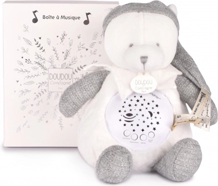 Doudou et Compagnie glasbena nočna lučka s projekcijo zvezd – sivi medvedek – darilni set