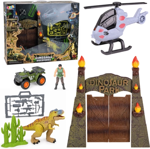 Baza Dino parka z vhodom, helikopterjem, štirikolesnikom in figuricami