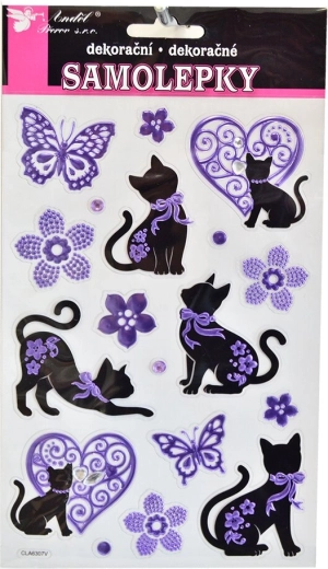Nalepke mačke črno‑vijolične z okrasnimi kamenčki (list 14 × 21 cm)