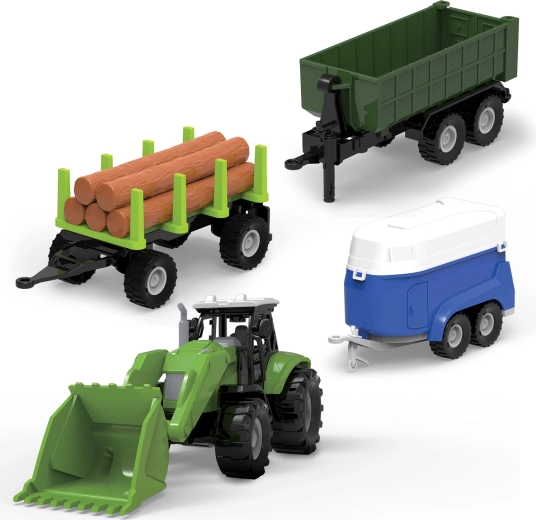 FARM SERVICE set traktor z nakladačem, z dvema prikolicama in prikolico z lučmi in zvoki